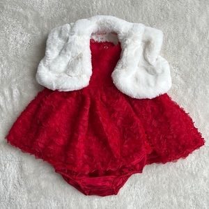 Red ruffle dress with faux fur shawl